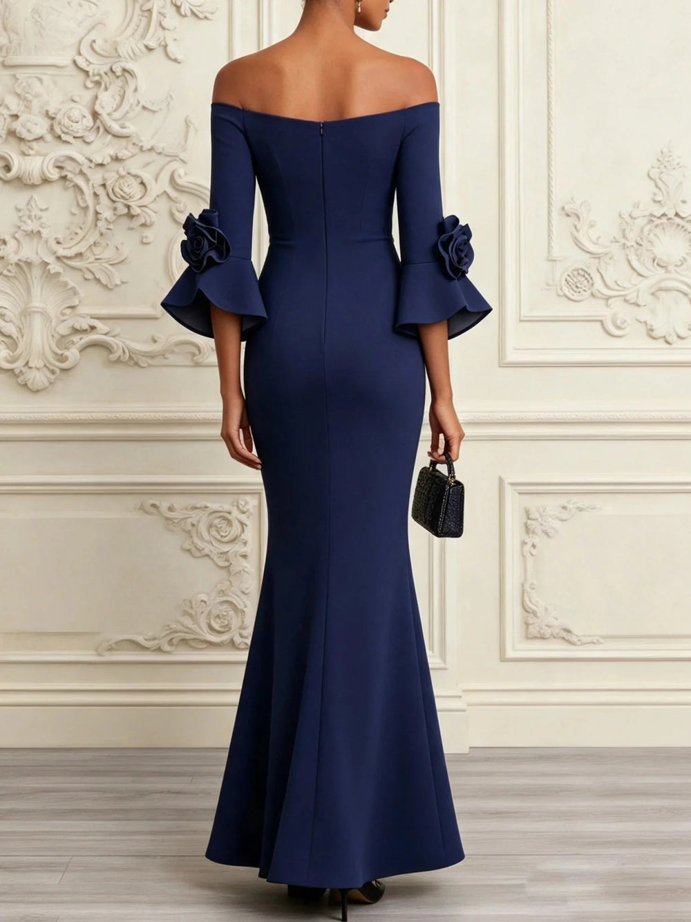 Elena Navy 3D Floral Mermaid Maxi Dress