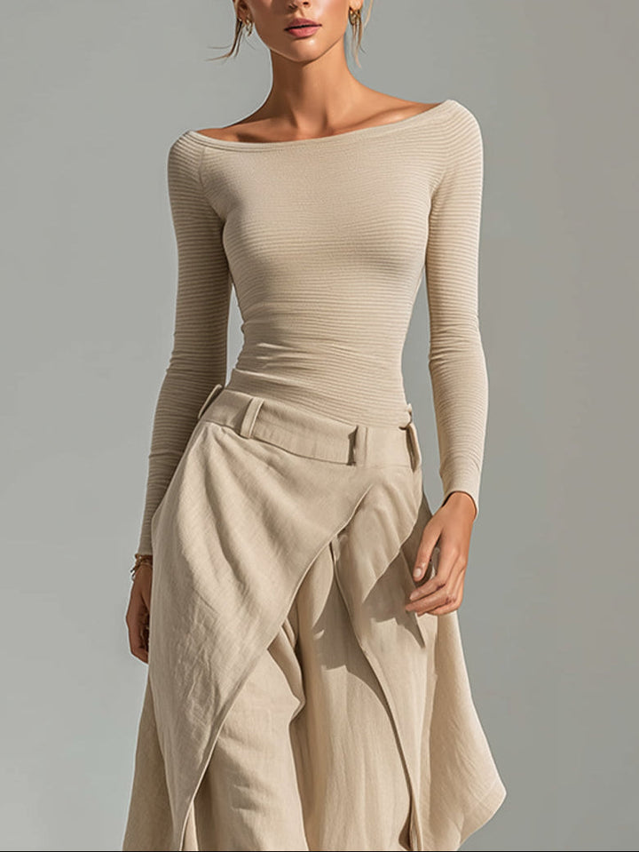 Delphine | Beige Boat-Neck Top and Wide-Leg Ruffle Pant Set