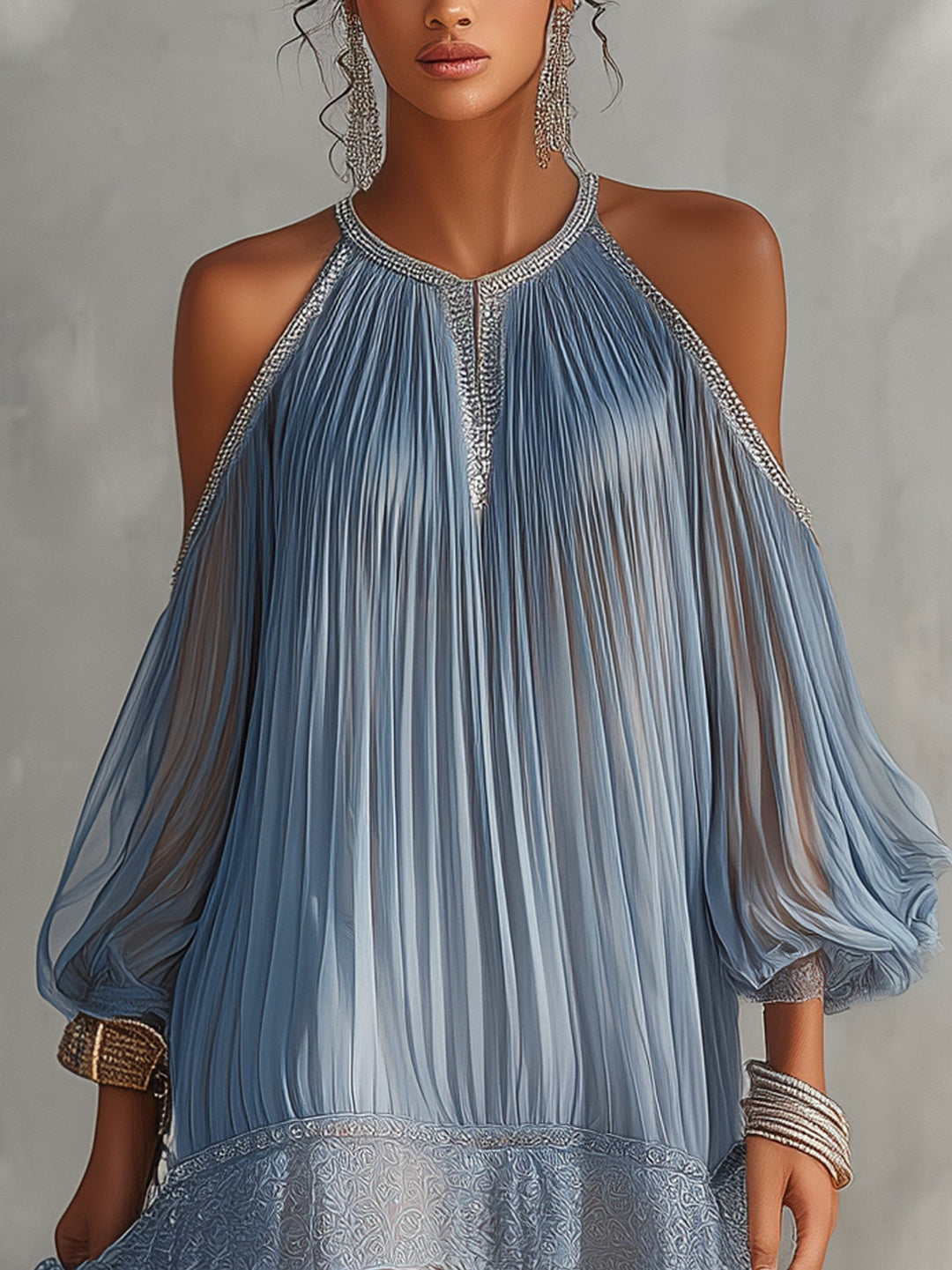 Céleste | Blue Off-Shoulder Mini Dress with Lace Hem