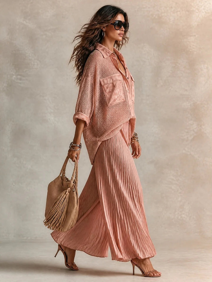 Camille | Pink Mesh Shirt &amp; Pleated Skirt Set