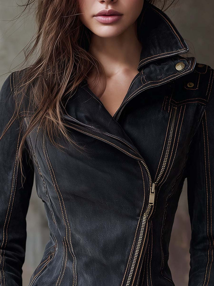 Vintage Washed Denim Moto Jacket Charcoal Edge