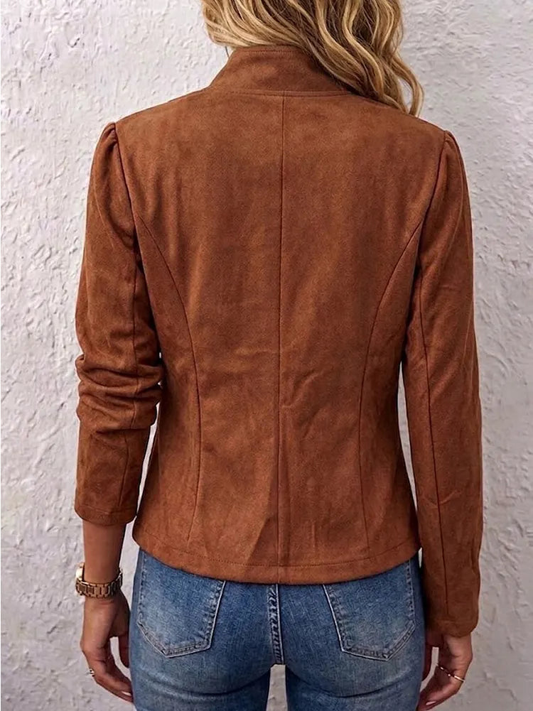 Thea | Stand Collar Double-Breasted Suede Vintage Cropped Jacket
