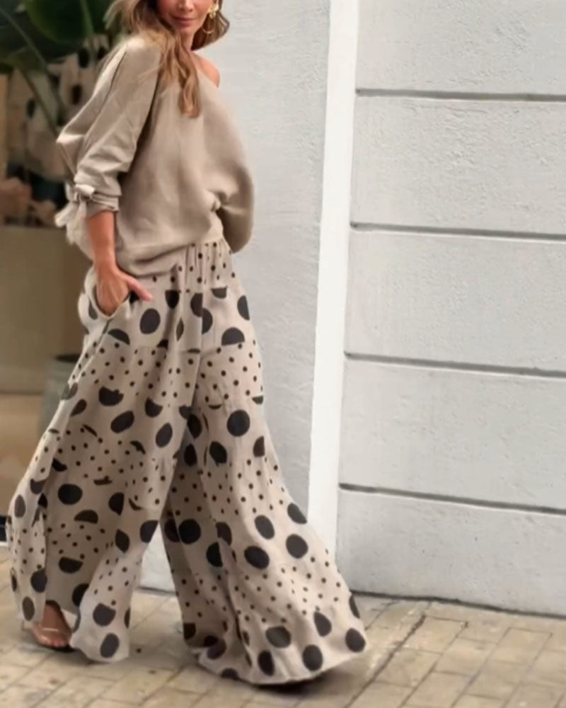 Casual Shoulder Top &amp; Printed Pants Two-Piece Set