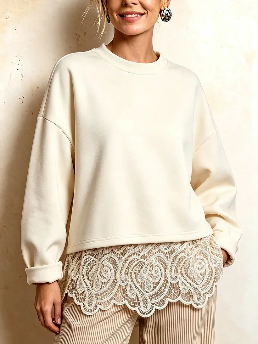Chic Open-Back Lace-Trim Sweatshirt Off-White