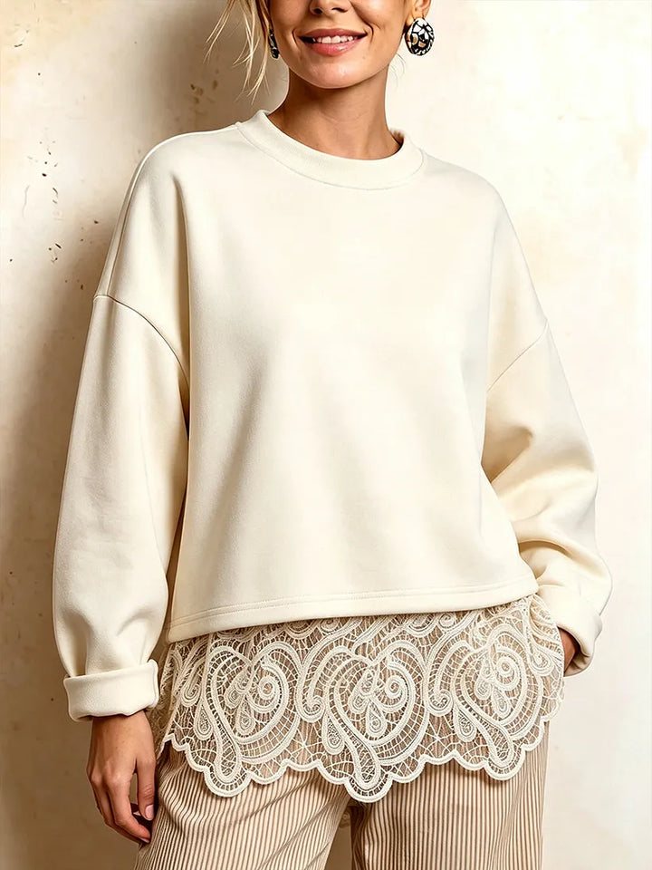 Chic Open-Back Lace-Trim Sweatshirt Off-White
