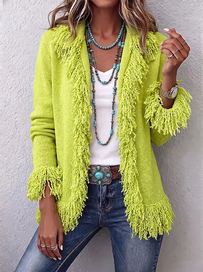Vibrant Chartreuse Boho Fringe Cardigan Blue