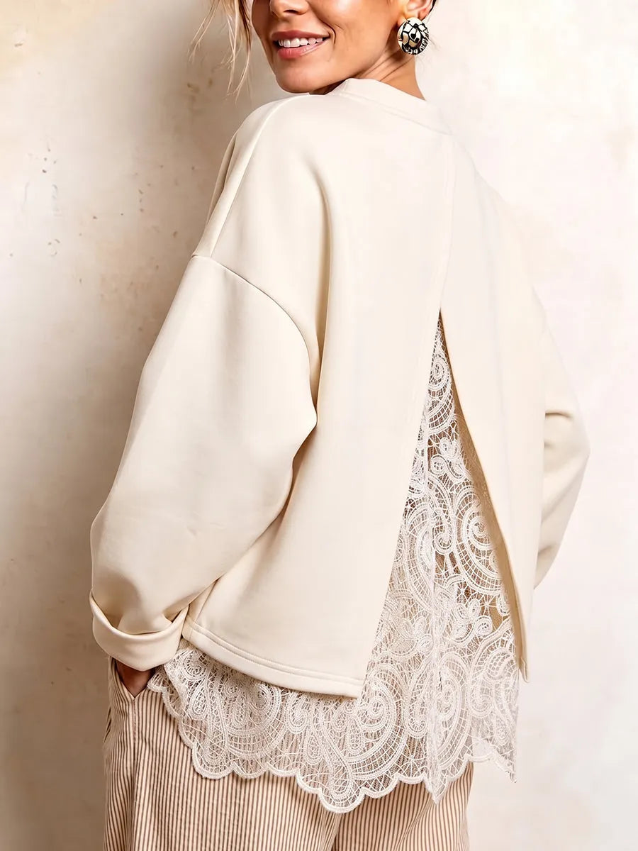 Chic Open-Back Lace-Trim Sweatshirt Off-White