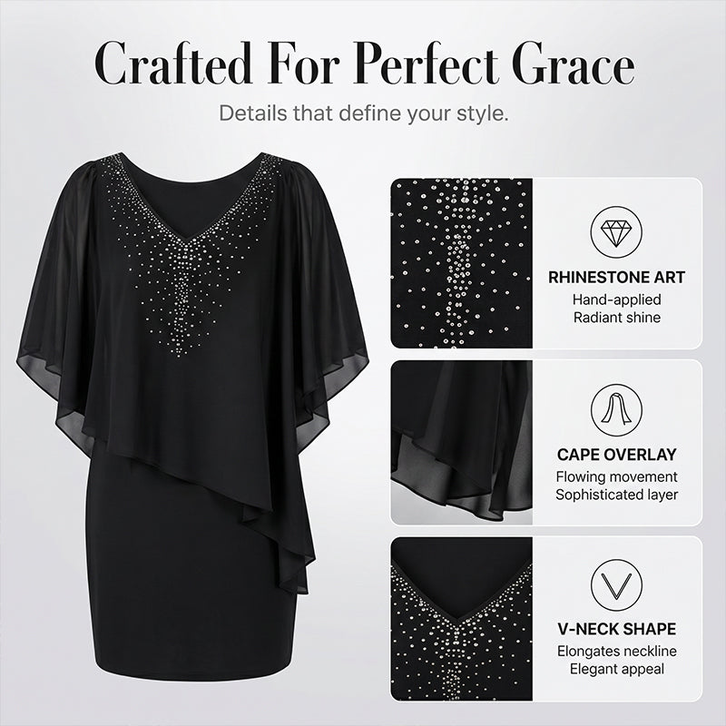 Rhinestone V-Neck Cape Dress with Chiffon Overlay