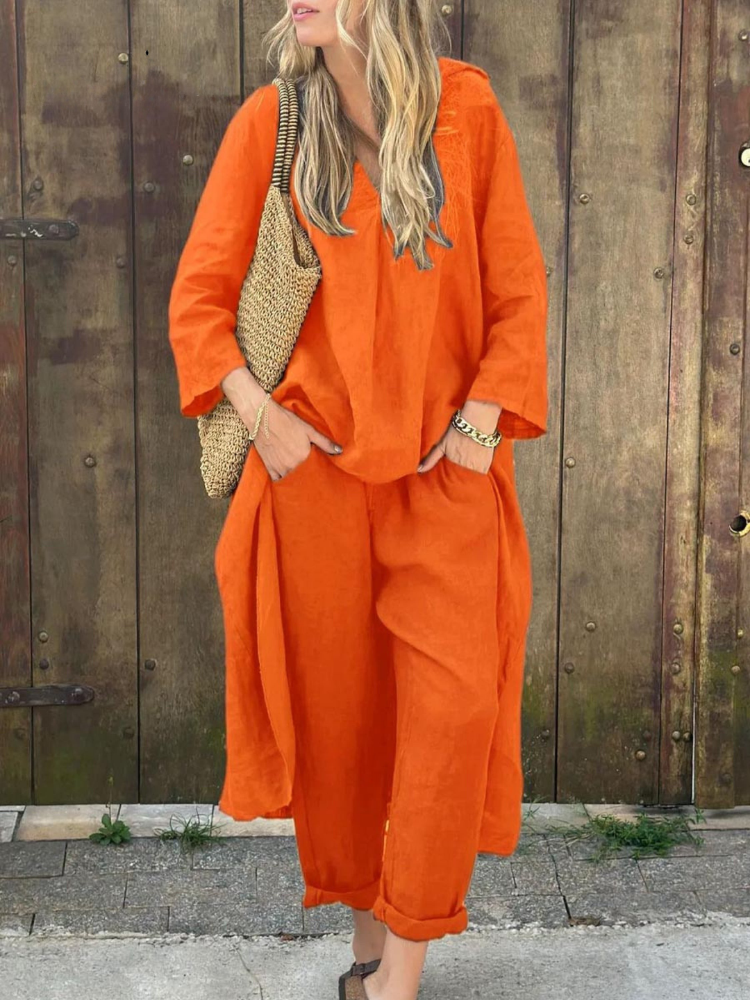 Linen Irregular Loose V-neck Top and High-Waisted Pocket Wide-leg Pants Set