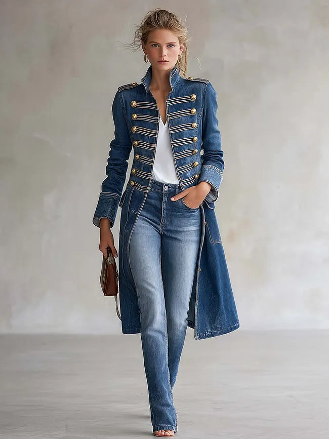 Vintage Washed Denim Military Officer Longline Coat