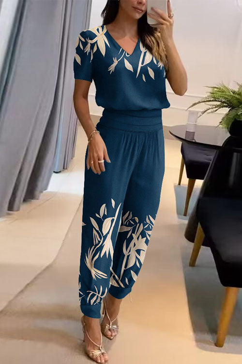 Casual V-Neck Printed Short Sleeve Long Pants Two-Piece Set