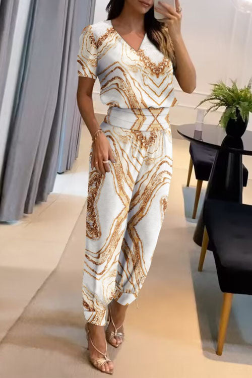 Casual V-Neck Printed Short Sleeve Long Pants Two-Piece Set