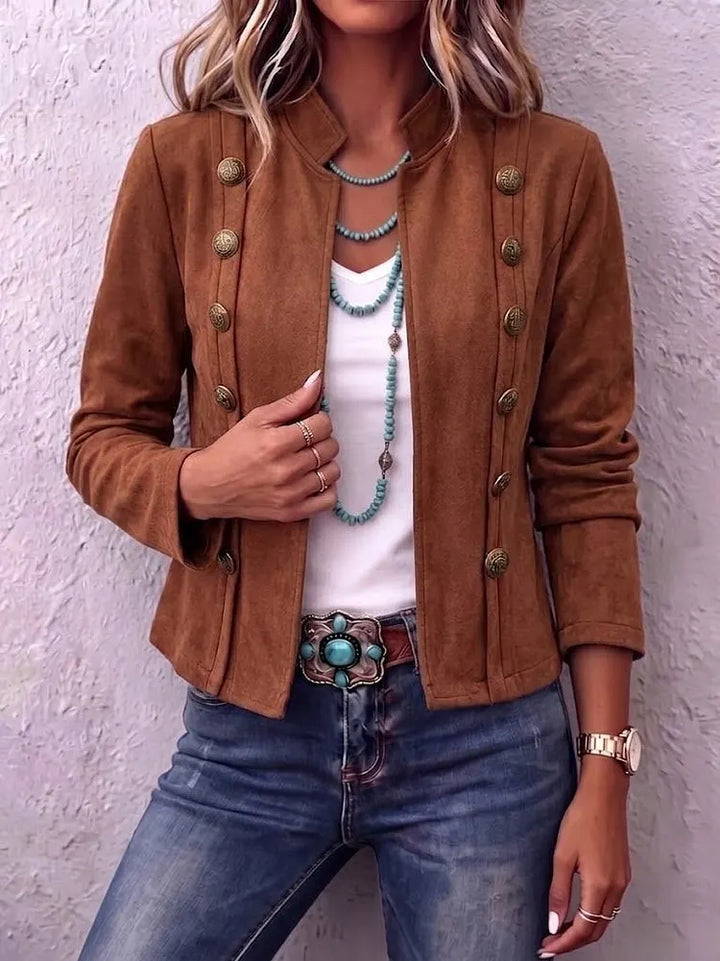 Thea | Stand Collar Double-Breasted Suede Vintage Cropped Jacket