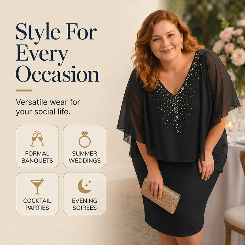 Rhinestone V-Neck Cape Dress with Chiffon Overlay