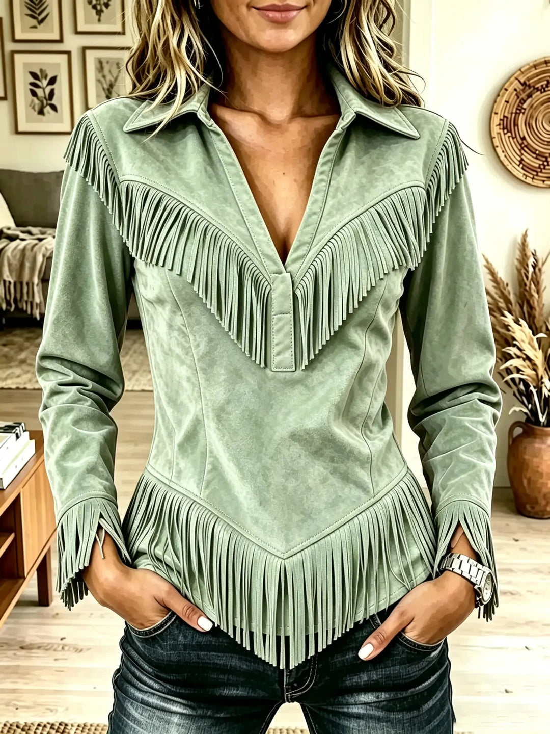 Saskia | Western Fringe Suede Pointed Hem Top