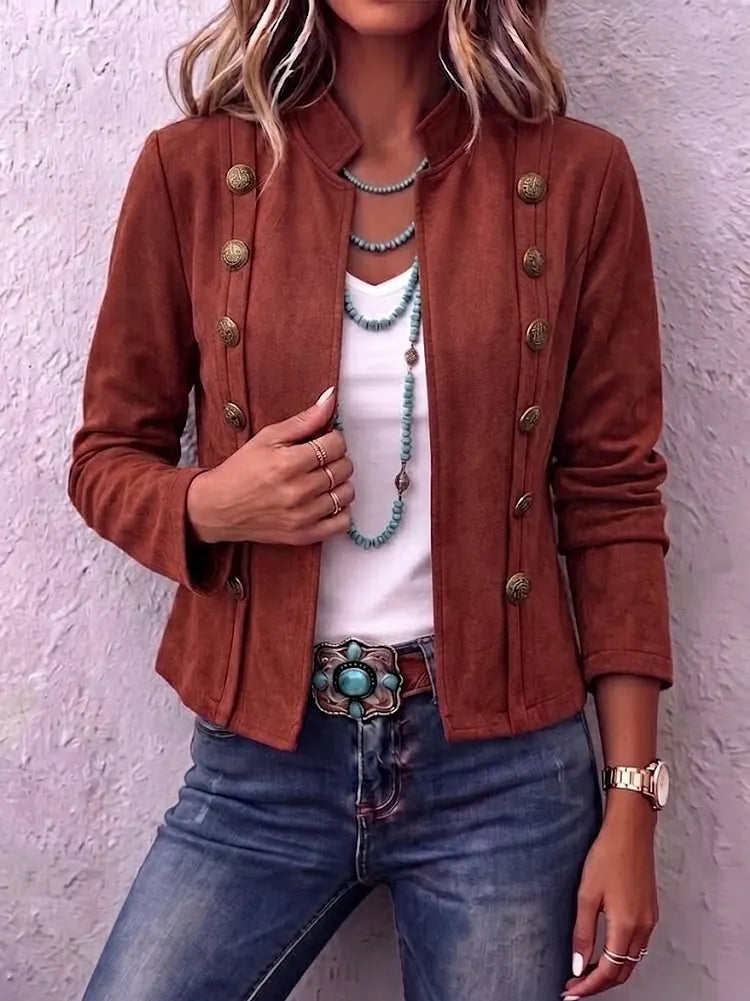 Thea | Stand Collar Double-Breasted Suede Vintage Cropped Jacket