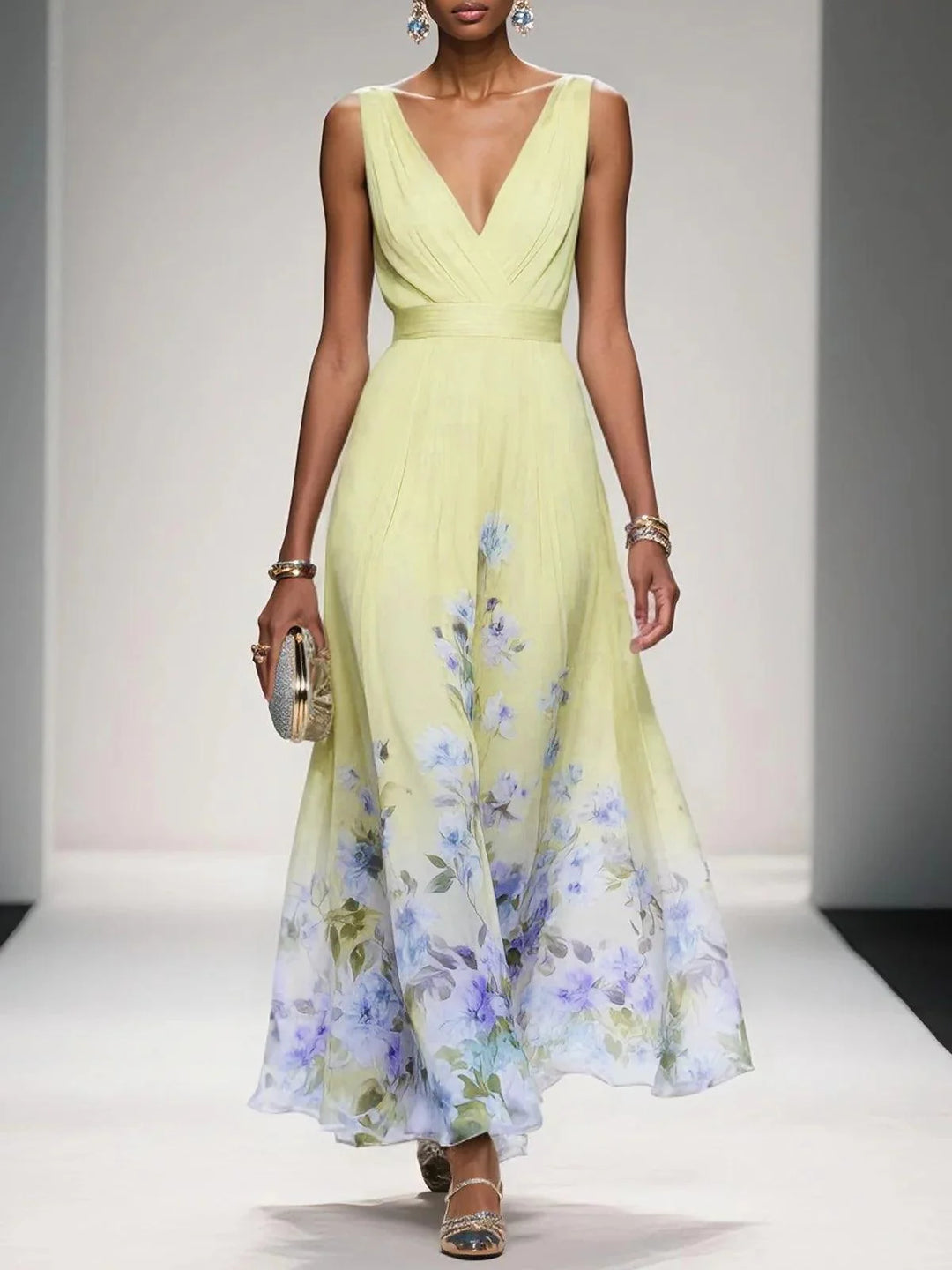 Light Blue Floral Chiffon V Neck Sleeveless A-Line Maxi Dress