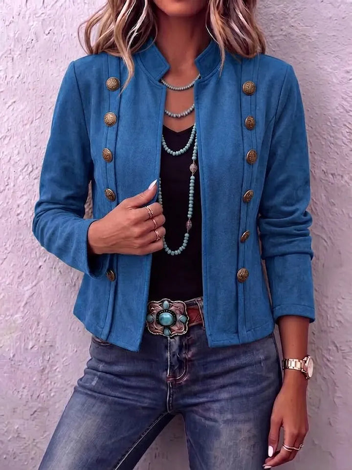 Thea | Stand Collar Double-Breasted Suede Vintage Cropped Jacket