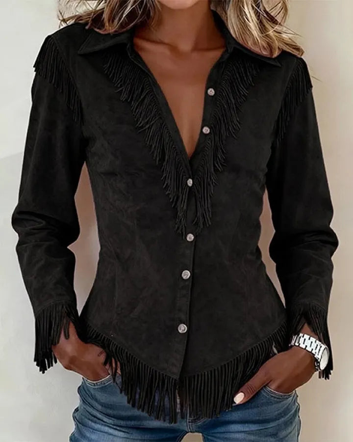 Dakota | Fringe Trim Faux Suede Western Shirt