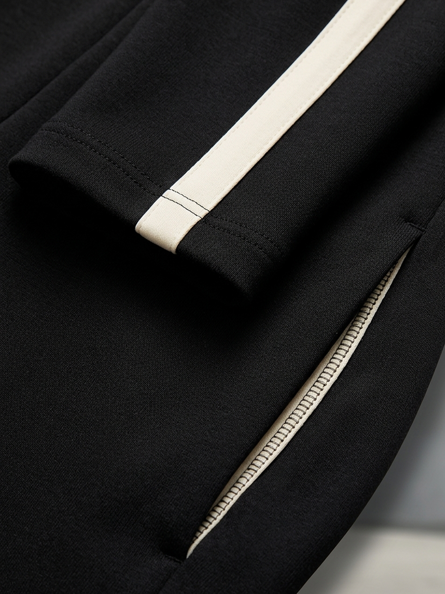 Black Contrast Stripe Tracksuit Set Half Zip Collar Top &amp; Drawstring Waist Wide Leg Pants