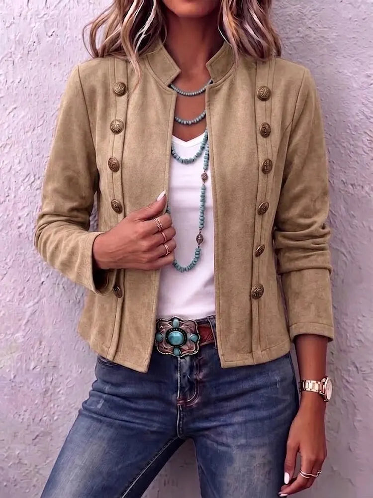 Thea | Stand Collar Double-Breasted Suede Vintage Cropped Jacket