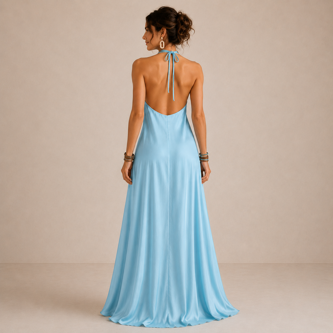 ELVENA™ | Blue Halter-Neck Flowing Maxi Dress