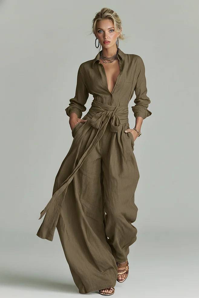 Noelle | Minimalist Shirt And Lace-Up Wide-Leg Pants Set