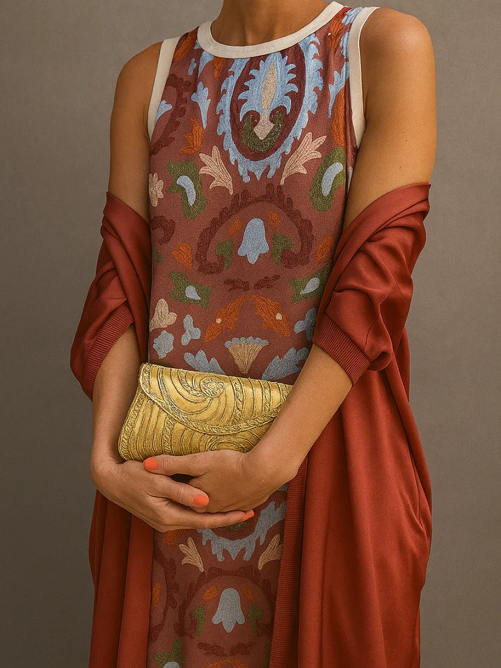 Elegant printed two-piece dress with cape