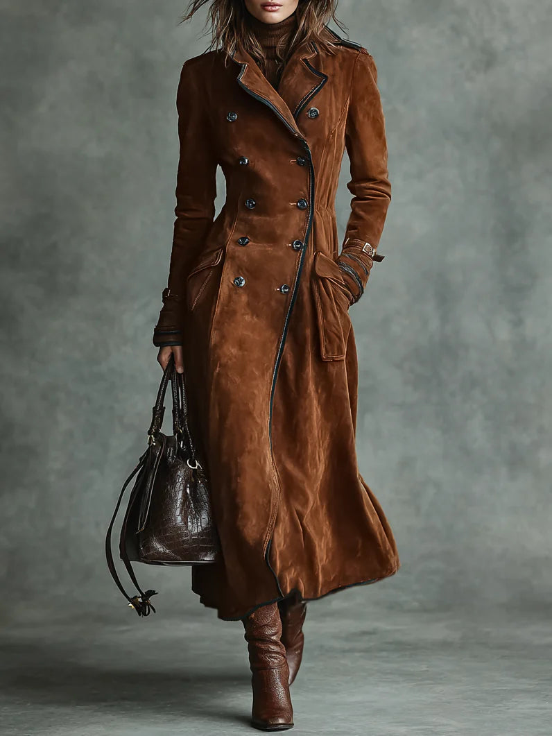 Suede Double-Breasted Long Coat with Black Trim