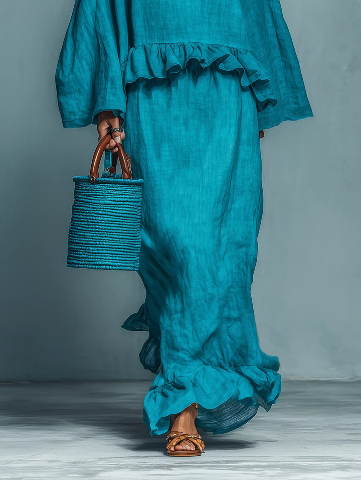 Blue Ruffled Blouse And Straight Skirt Suit