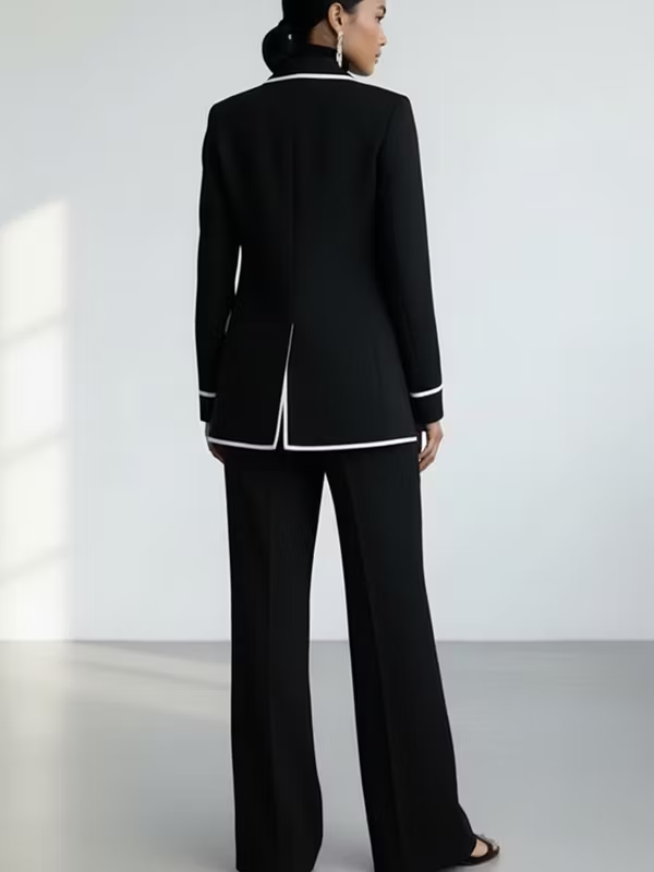 Black Contrast‑Piping Blazer &amp; Wide‑Leg Trouser Two‑Piece Suit Set