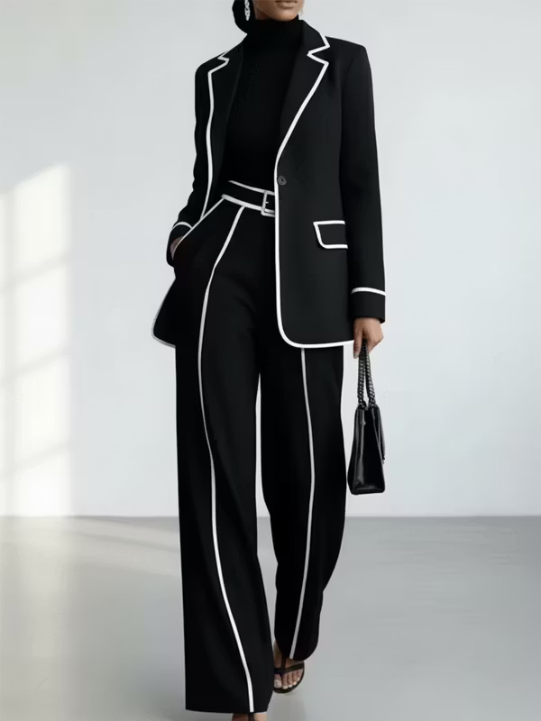 Black Contrast‑Piping Blazer &amp; Wide‑Leg Trouser Two‑Piece Suit Set