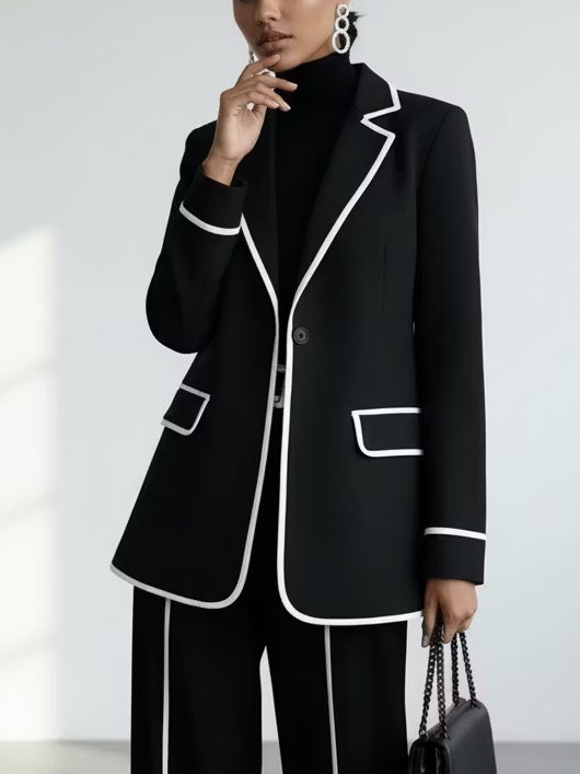 Black Contrast‑Piping Blazer &amp; Wide‑Leg Trouser Two‑Piece Suit Set