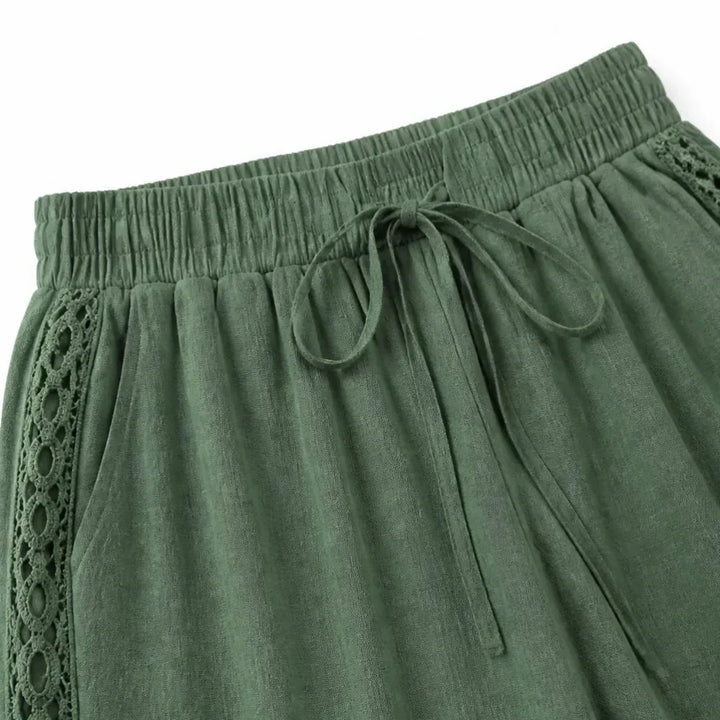 Marella – Wide Leg Boho Pants with Lace-like Side Trim and Drawstring Waist