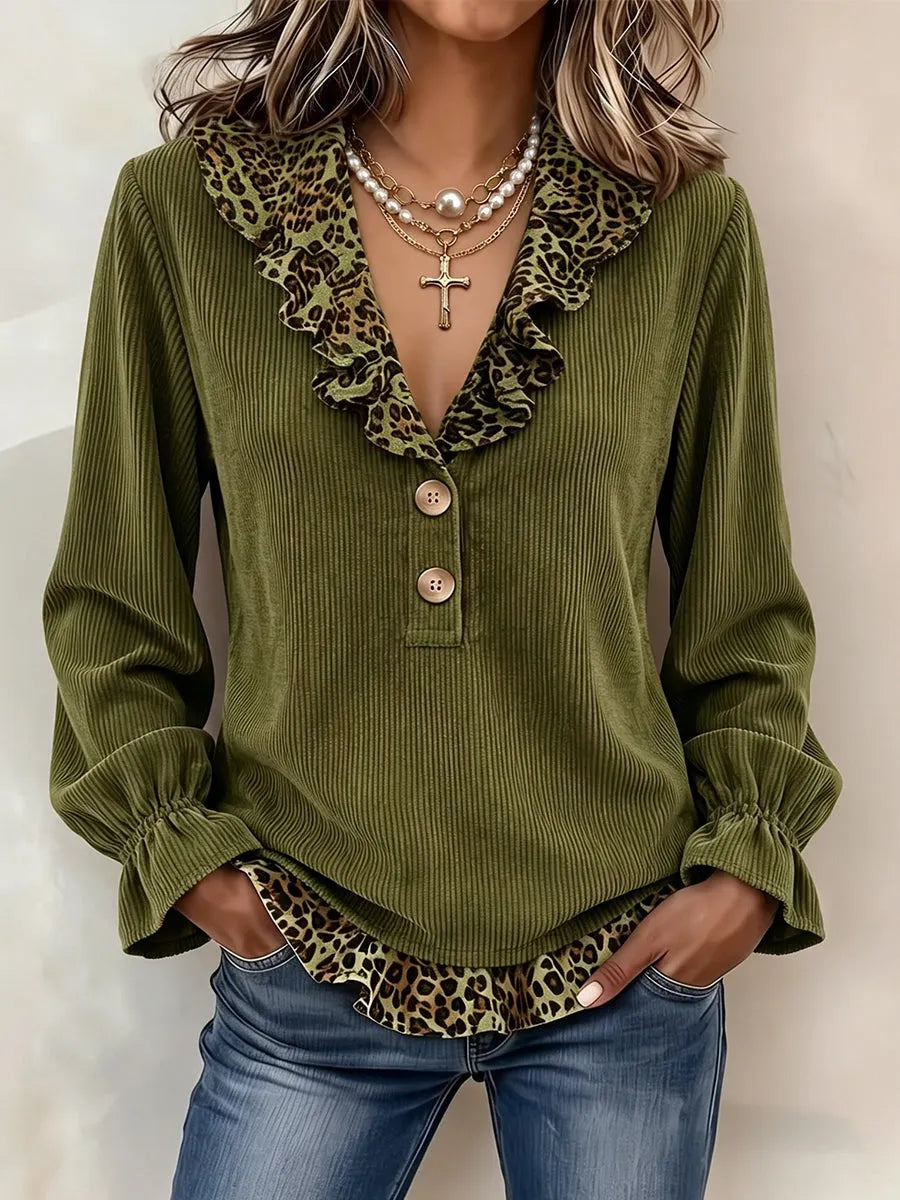 Chic Leopard-Trim Corduroy Blouse Green