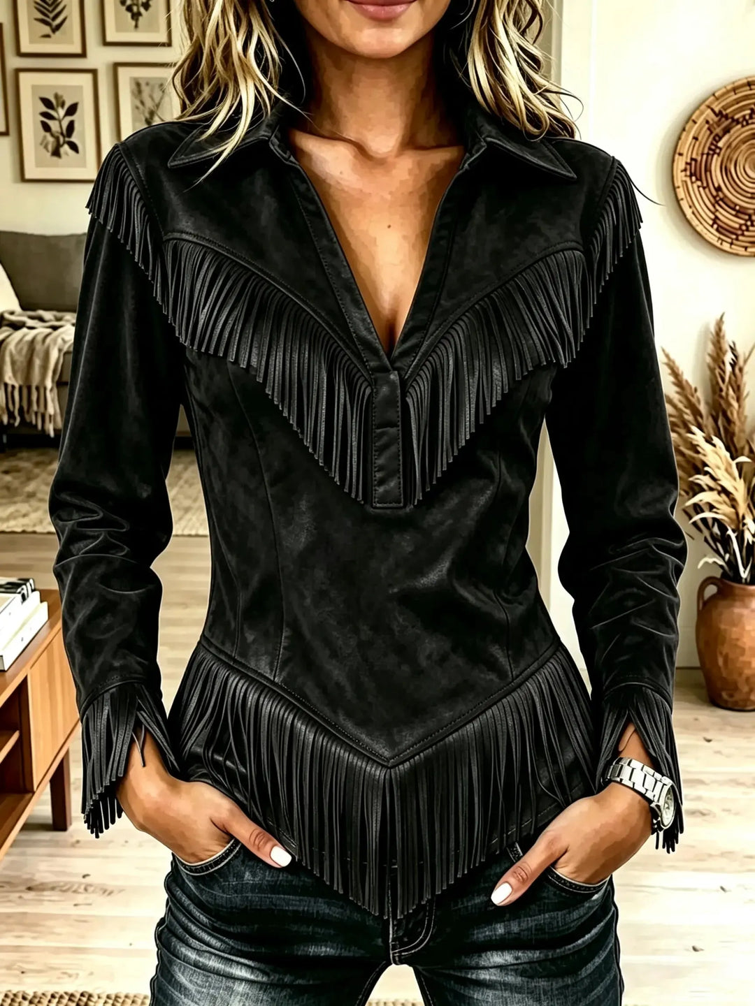 Saskia | Western Fringe Suede Pointed Hem Top
