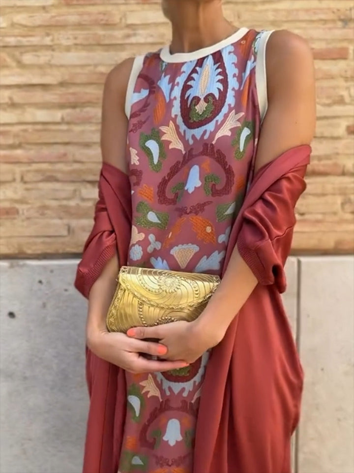 Elegant printed two-piece dress with cape