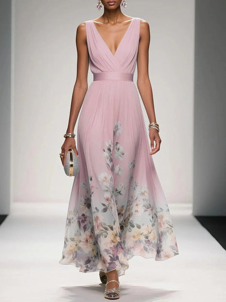 Light Blue Floral Chiffon V Neck Sleeveless A-Line Maxi Dress