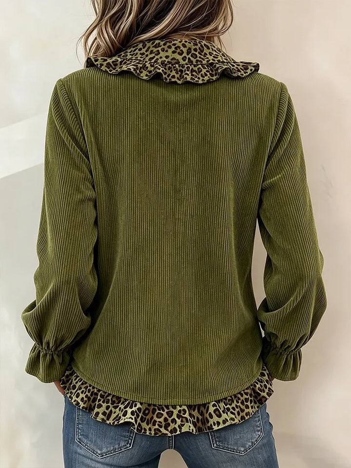 Chic Leopard-Trim Corduroy Blouse Green