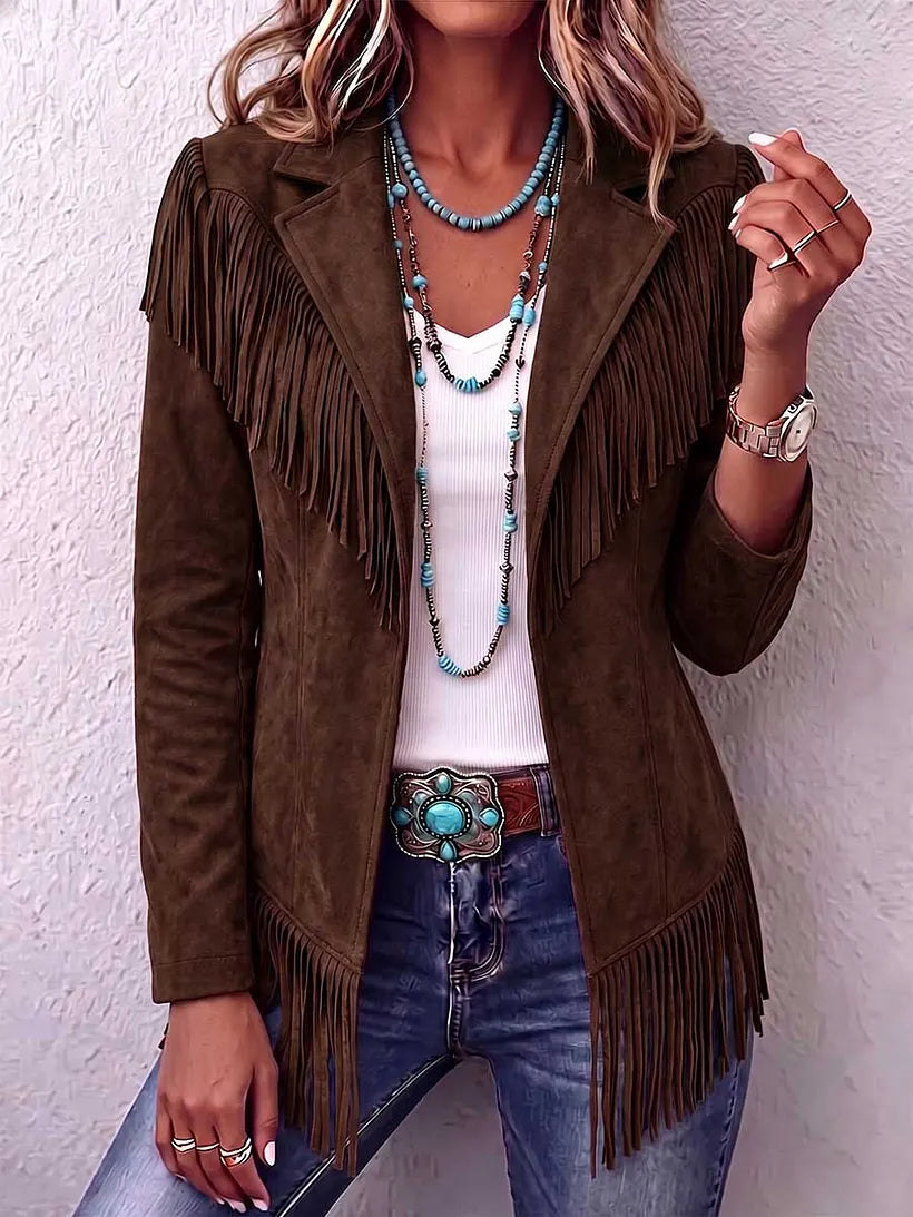 Women's Solid Color Lapel Tassel Jacket