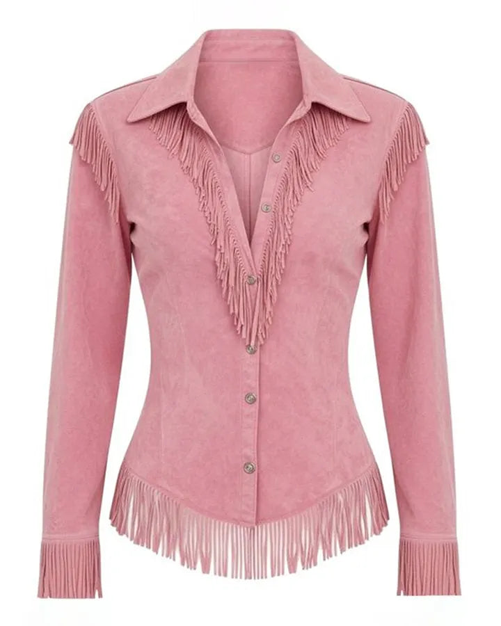 Dakota | Fringe Trim Faux Suede Western Shirt