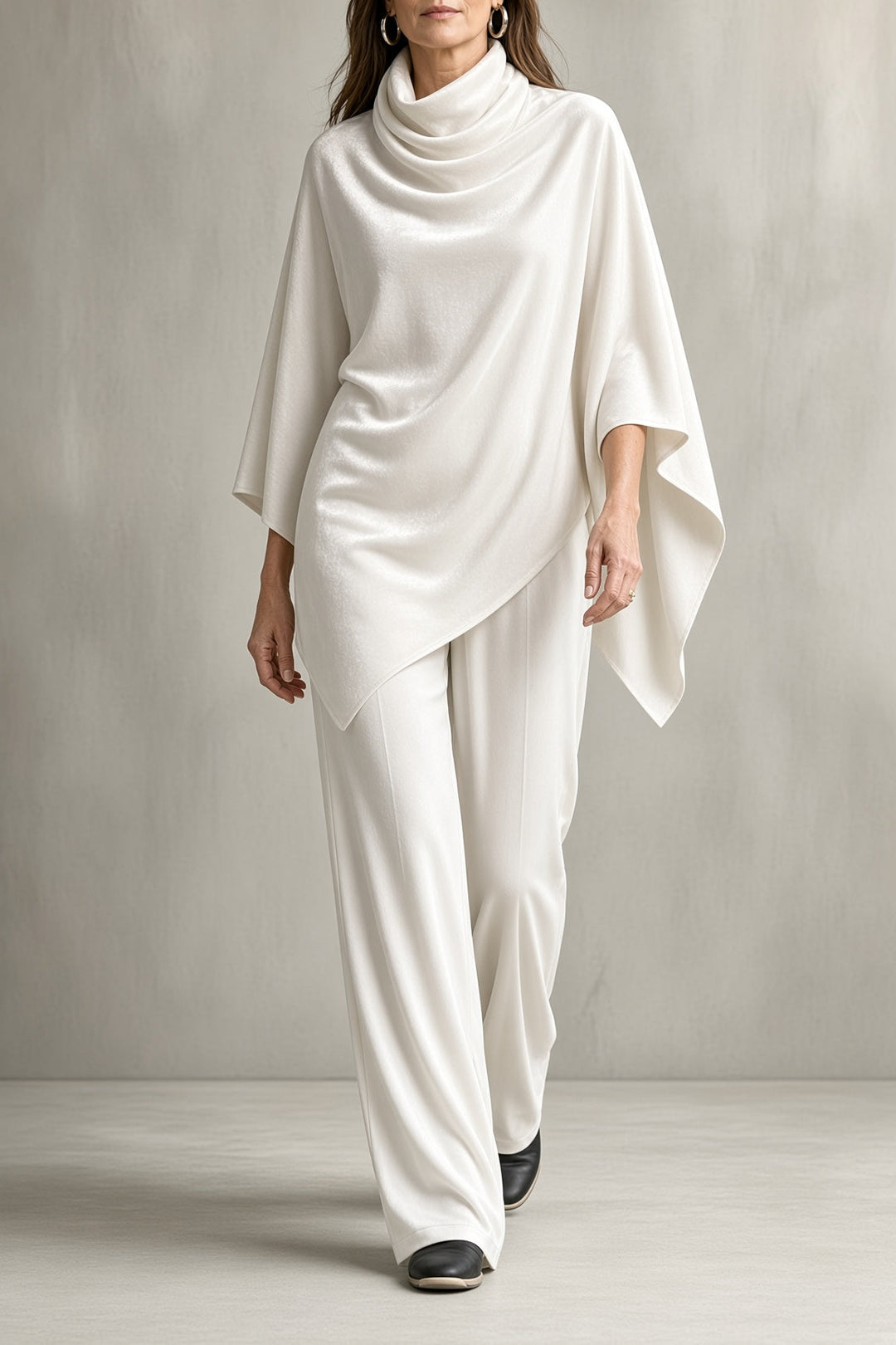 Thalia | Velvet Cowl-Neck Poncho Top and Wide-Leg Pants Set