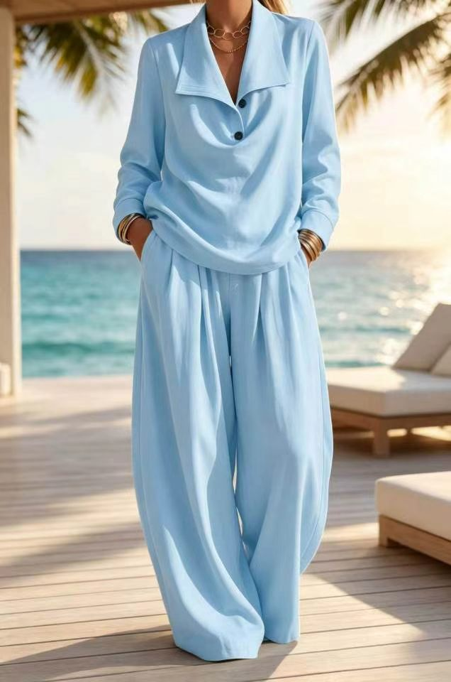 Ottilie™ Collared Pullover Top and Wide Leg Pants Set in Light Blue