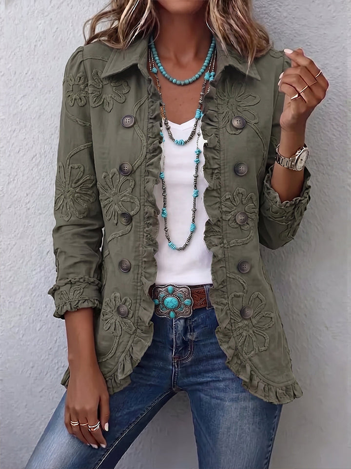 Alexandrine | Boho-Chic Retro Green Floral Print Jacket with Gathered Details