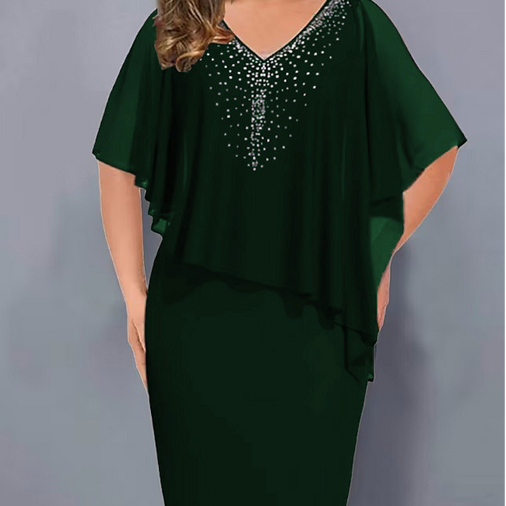 Rhe | Rhinestone V-Neck Cape Dress