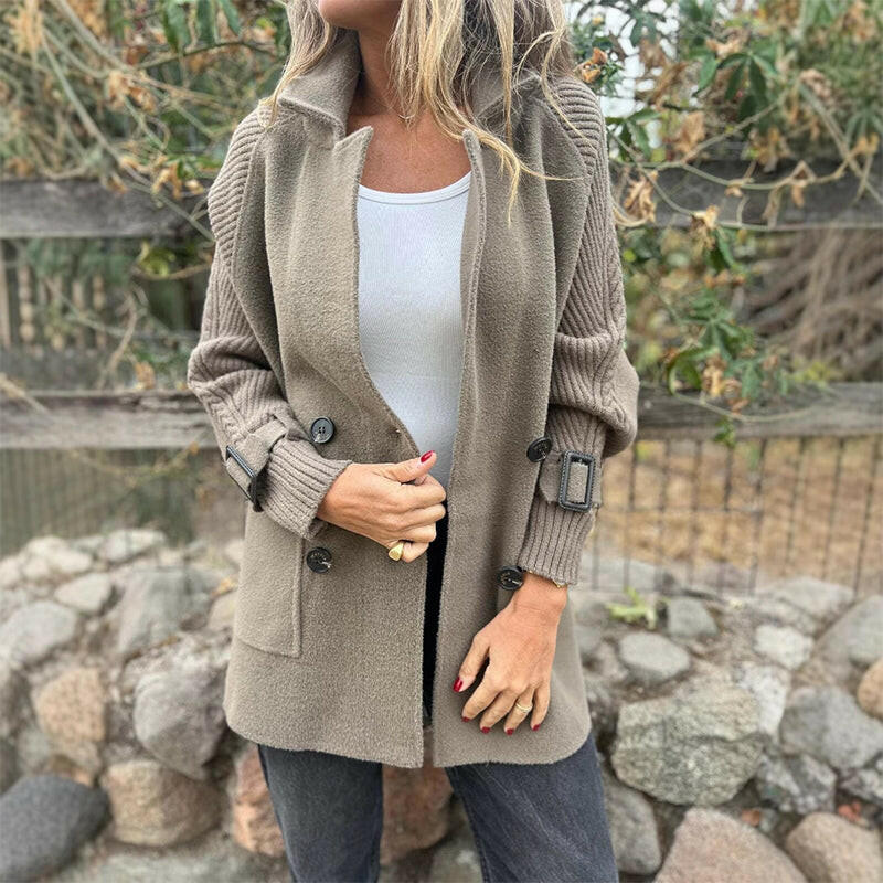 Aurelie | Knit Sleeve Double-Breasted Longline Coat