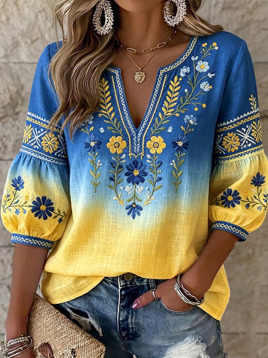 Marigold | Ombre Floral Bell-Sleeve Top