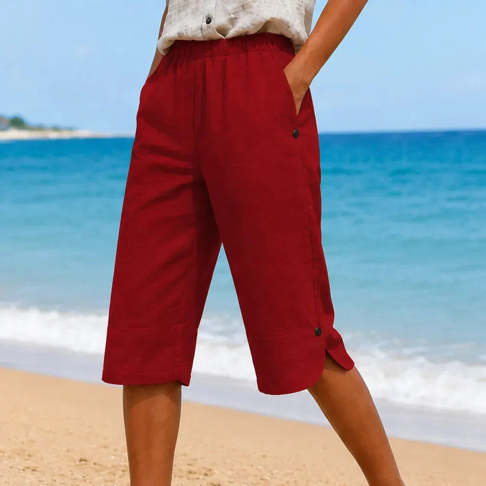 Brisana – Lightweight Linen-Look Capri Pants for Women Soft Elastic Waist